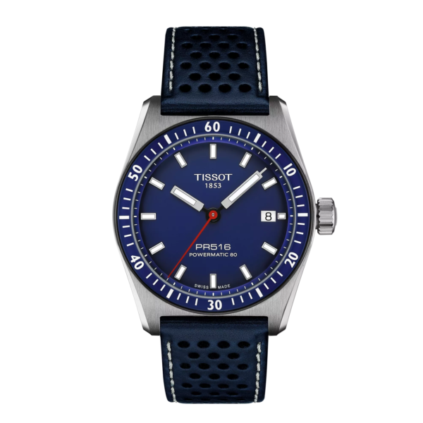 ساعة تيسو PR516 أوتوماتيك – 38 ملم (أزرق – سوار جلد) | Tissot PR516 Powermatic 80 Automatic – 38mm Blue Leather