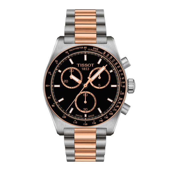ساعة تيسو PR516 كرونوغراف كوارتز – 40 ملم (أسود × روز غولد) | Tissot PR516 Chronograph Quartz – 40mm Black & Rose Gold