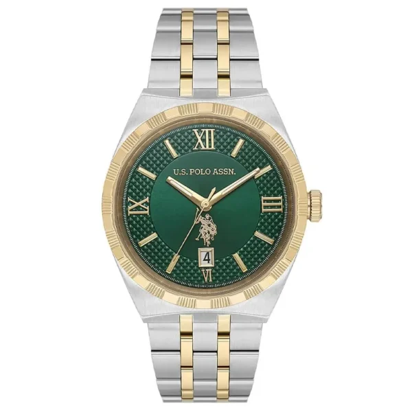 ساعة رجالية كلاسيكية USPA1129-05 – U.S. Polo Assn. Classic Quartz Watch 41mm Green Dial Gold & Grey