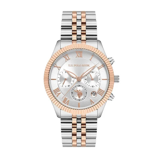 ساعة نسائية رياضية USPA2040-02 – U.S. Polo Assn. Sport Quartz Watch 38mm Silver Dial Rose Gold & Grey