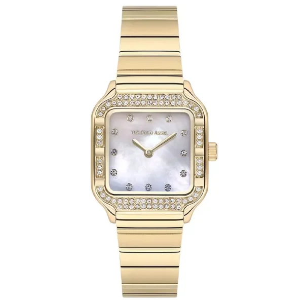 ساعة نسائية فاخرة USPA2100-03 – U.S. Polo Assn. Dress Quartz Watch 28x34mm Pearl Dial Gold