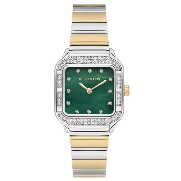 ساعة نسائية فاخرة USPA2100-04 – U.S. Polo Assn. Dress Quartz Watch 28x34mm Green Dial Gold & Grey