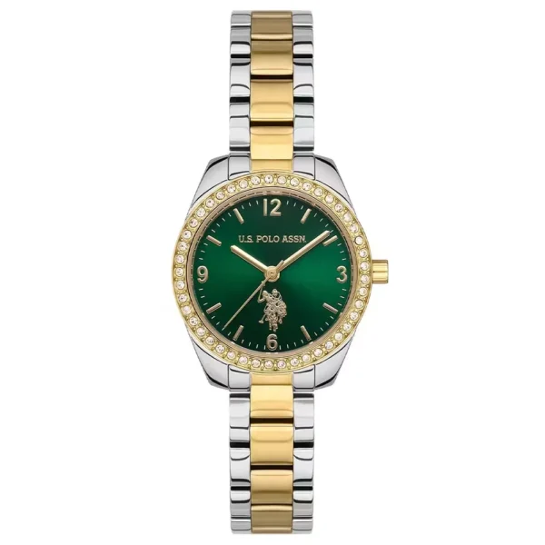 ساعة نسائية كلاسيكية مرصعة USPA2064B-06 – U.S. Polo Assn. Classic Quartz Watch 28mm Green Dial Gold & Grey