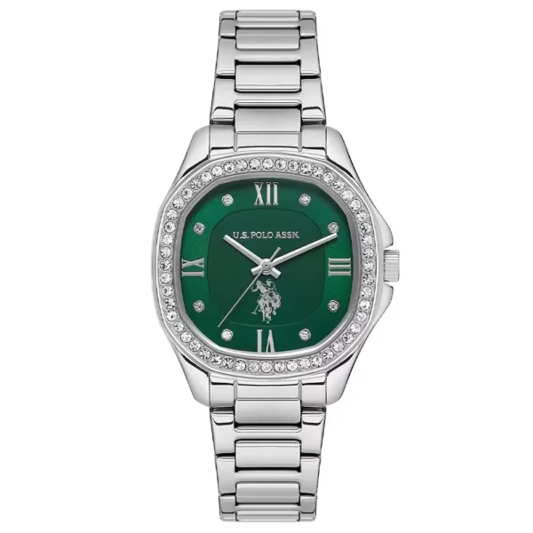 ساعة نسائية كلاسيكية مرصعة USPA2088-02 – U.S. Polo Assn. Classic Quartz Watch 32x39mm Green Dial Metallic Gray