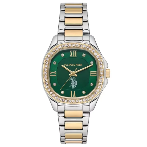 ساعة نسائية كلاسيكية مرصعة USPA2088-04 – U.S. Polo Assn. Classic Quartz Watch 32x39mm Green Dial Gold & Grey