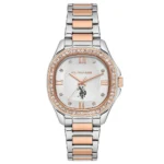 ساعة نسائية كلاسيكية مرصعة USPA2088-05 – U.S. Polo Assn. Classic Quartz Watch 32x39mm Silver Dial Rose Gold & Grey