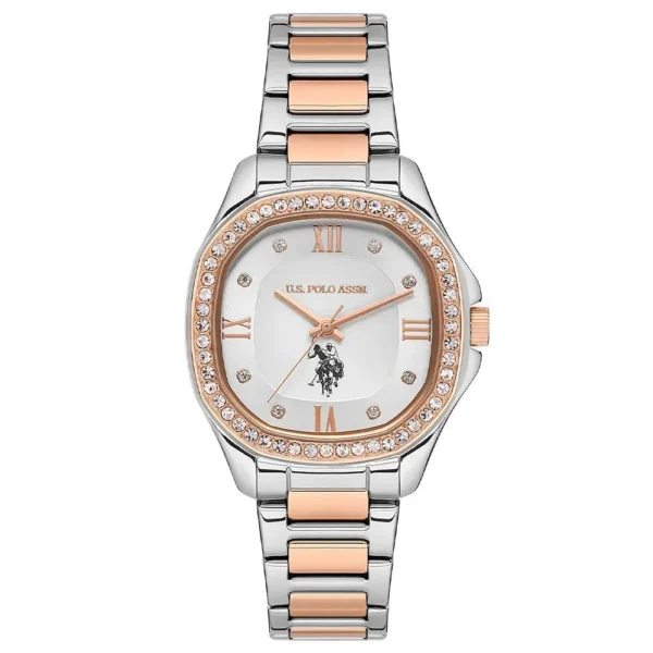 ساعة نسائية كلاسيكية مرصعة USPA2088-05 – U.S. Polo Assn. Classic Quartz Watch 32x39mm Silver Dial Rose Gold & Grey