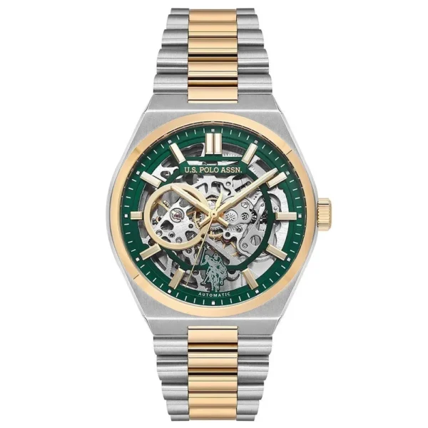 ساعة يو إس بولو أسن. أوتوماتيك – U.S. Polo Assn. Automatic Watch USPA1115-01 – كلاسيكية، ذهبية وفضية مع ميناء أخضر متعدد الألوان
