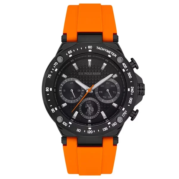 ساعة يو إس بولو أسيـن USPA1076-07 رجالية رياضية – U.S. Polo Assn. Men’s Sport Watch 44mm Black Dial Orange Silicone Strap