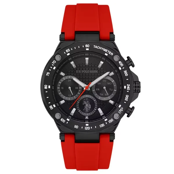ساعة يو إس بولو أسيـن USPA1076-08 رجالية رياضية – U.S. Polo Assn. Men’s Sport Watch 44mm Black Dial Red Silicone Strap