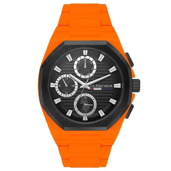 ساعة يو إس بولو أسيـن USPA1103-07 رجالية رياضية – U.S. Polo Assn. Men’s Sport Watch 42mm Orange Silicone Black Dial