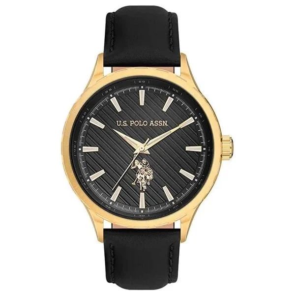 ساعة يو إس بولو USPA1069-07 كلاسيكية ذهبي جلد أسود 42 ملم – U.S. Polo Assn. Classic 42mm Gold Case Black Leather