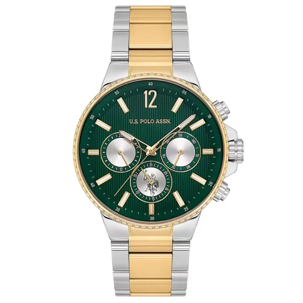 ساعة يو إس بولو USPA1074-03 رياضية 43 ملم ستيل ثنائي اللون بميناء أخضر – U.S. Polo Assn. Sport 43mm Two-Tone Steel Green Dial