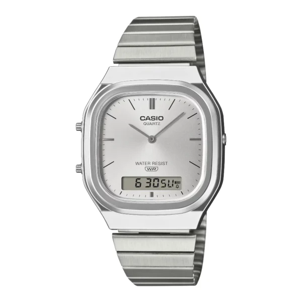 ساعة كاسيو AQ-240E-7ADF أنالوج ورقمية بسوار ستانلس ستيل أبيض | Casio AQ-240E-7ADF Analog-Digital Watch White Stainless Steel Band