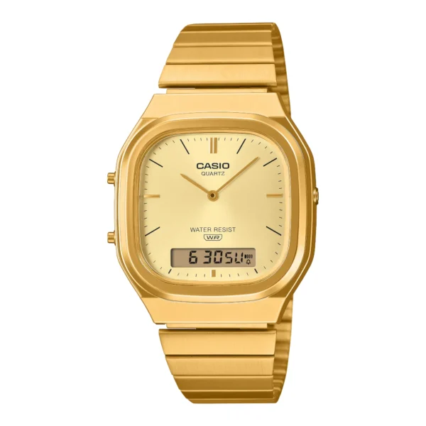 ساعة كاسيو AQ-240EG-9ADF أنالوج ورقمية بسوار ستانلس ستيل مطلي بالذهب | Casio AQ-240EG-9ADF Analog-Digital Gold-Tone Stainless Steel Watch