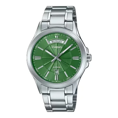 ساعة كاسيو الرجالية الكلاسيكية الخضراء MTP-1381D-3AVDF – Casio Green Dial Day-Date Stainless Steel Watch