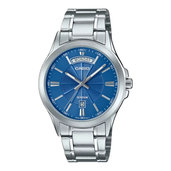 ساعة كاسيو الرجالية الكلاسيكية الزرقاء MTP-1381D-2AVDF – Casio Blue Dial Day-Date Stainless Steel Watch