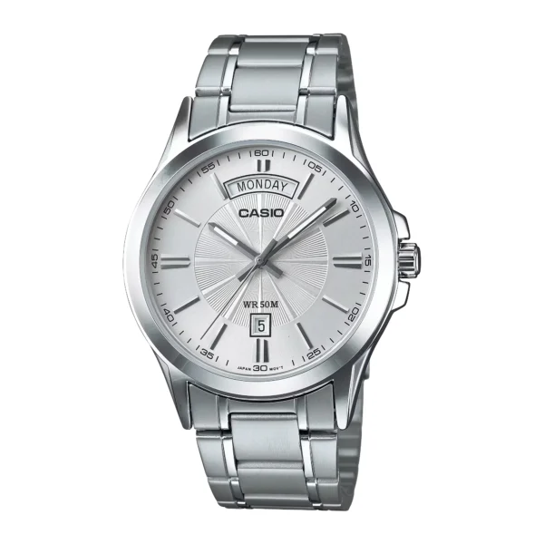 ساعة كاسيو الرجالية الكلاسيكية الفضية MTP-1381D-7AVDF – Casio Silver Dial Day-Date Stainless Steel Watch
