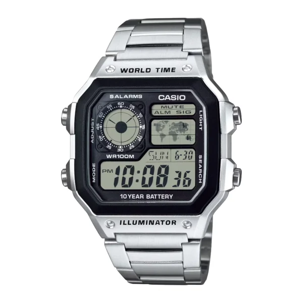 ساعة كاسيو الرقمية AE-1200WHD-1AVDF رجالية بتوقيت عالمي – Casio World Time Digital Watch 100M Stainless Steel