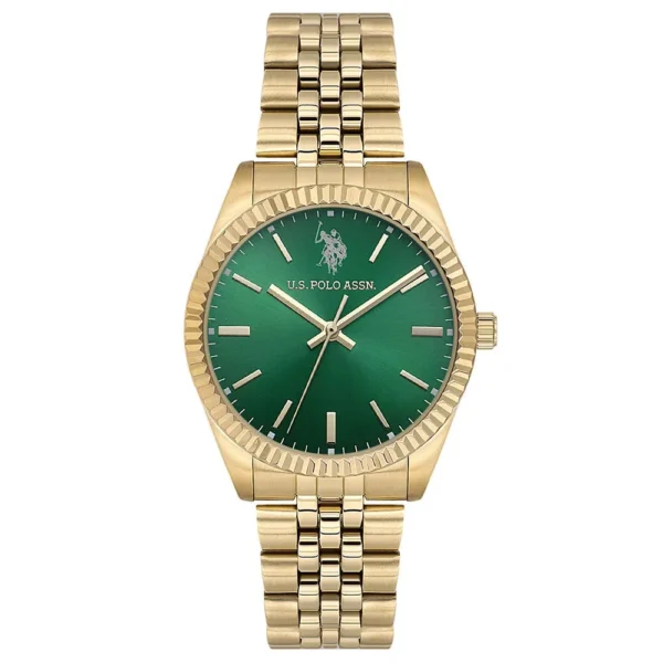 ساعة نسائية كلاسيكية ذهبية USPA2103-07 – U.S. Polo Assn. Classic Quartz Watch 34mm Green Dial & Gold Strap