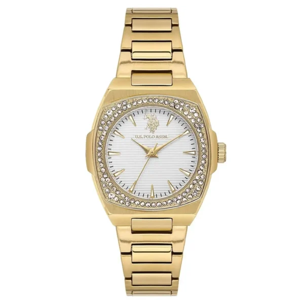 ساعة نسائية كلاسيكية مستديرة ذهبية USPA2113-02 – U.S. Polo Assn. Classic Quartz Women’s Watch 32mm Metallic Gray Dial & Gold Steel Strap