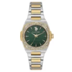 ساعة نسائية كلاسيكية مستديرة رمادية وخضراء USPA2113-05 – U.S. Polo Assn. Classic Quartz Women’s Watch 32mm Green Dial & Gold/Gray Steel Strap