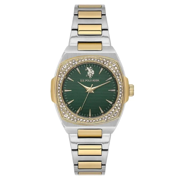 ساعة نسائية كلاسيكية مستديرة رمادية وخضراء USPA2113-05 – U.S. Polo Assn. Classic Quartz Women’s Watch 32mm Green Dial & Gold/Gray Steel Strap
