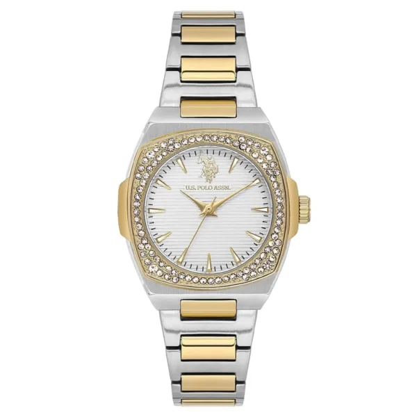 ساعة نسائية كلاسيكية مستديرة USPA2113-01 – U.S. Polo Assn. Classic Quartz Women’s Watch 32mm Metallic Gray Dial & Gold/Gray Steel Strap
