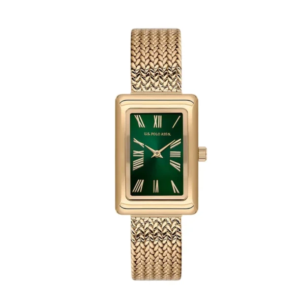 ساعة نسائية كلاسيكية مستطيلة ذهبية USPA2105-06 – U.S. Polo Assn. Classic Quartz Women’s Watch 22x32mm Green Dial & Gold Mesh Strap