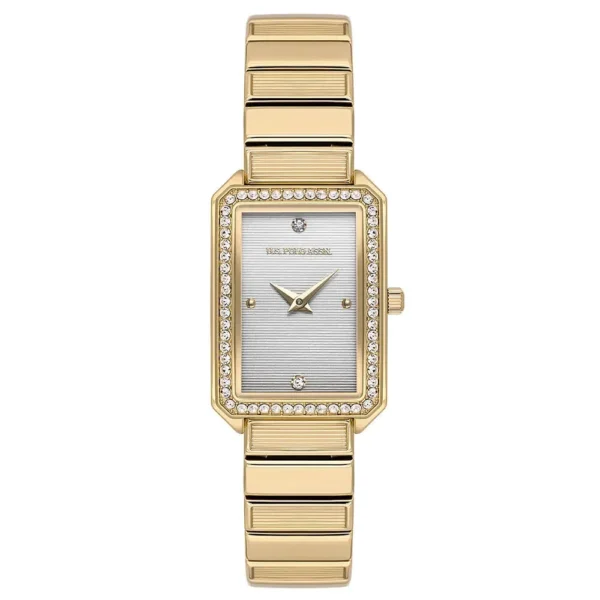 ساعة نسائية كلاسيكية مستطيلة ذهبية USPA2108-05 – U.S. Polo Assn. Classic Quartz Women’s Watch 22.5×33.5mm Metallic Gray Dial & Gold Steel Strap