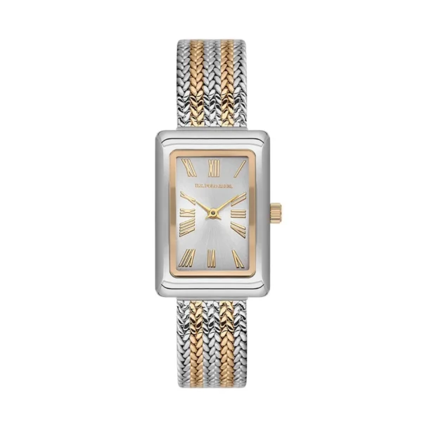 ساعة نسائية كلاسيكية مستطيلة رمادي/ذهبي USPA2105-05 – U.S. Polo Assn. Classic Quartz Women’s Watch 22x32mm Metallic Gray & Gold Mesh Strap
