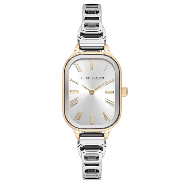 ساعة نسائية كلاسيكية مستطيلة مستديرة ذهبية USPA2113-04 – U.S. Polo Assn. Classic Quartz Women’s Watch 24×38.5mm Metallic Gray Dial & Gray Steel Strap
