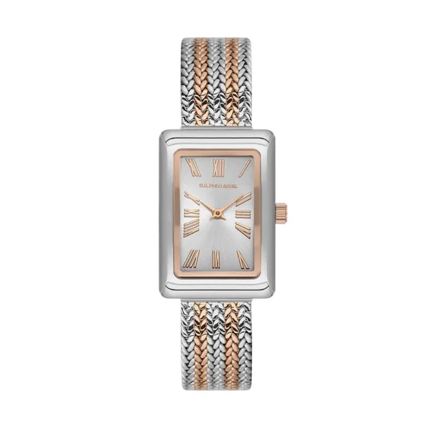 ساعة نسائية كلاسيكية مستطيلة USPA2105-02 – U.S. Polo Assn. Classic Quartz Watch 22x32mm Metallic Gray Dial & Mesh Strap
