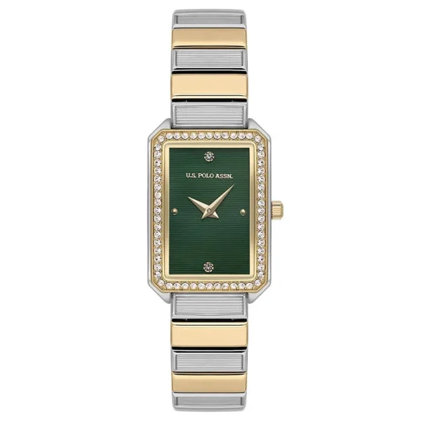 ساعة نسائية كلاسيكية مستطيلة USPA2108-03 – U.S. Polo Assn. Classic Quartz Women’s Watch 22.5×33.5mm Green Dial & Gold/Gray Steel Strap