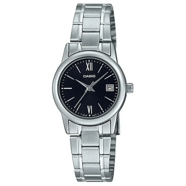 ساعة كاسيو LTP-V002D-1B3UDF النسائية الكلاسيكية السوداء مع سوار ستانلس ستيل | Casio LTP-V002D-1B3UDF Women Black Classic Stainless Steel Watch