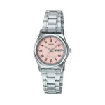 ساعة كاسيو LTP-V006D-4BUDF النسائية الفضية بميناء وردي مع عرض اليوم والتاريخ | Casio LTP-V006D-4BUDF Women Pink Dial Stainless Steel Day-Date Watch