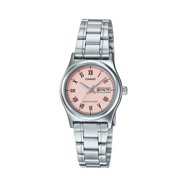 ساعة كاسيو LTP-V006D-4BUDF النسائية الفضية بميناء وردي مع عرض اليوم والتاريخ | Casio LTP-V006D-4BUDF Women Pink Dial Stainless Steel Day-Date Watch
