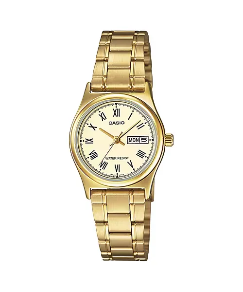 ساعة كاسيو LTP-V006G-9BUDF النسائية الذهبية الفاخرة مع عرض اليوم والتاريخ | Casio LTP-V006G-9BUDF Women Gold Tone Stainless Steel Day-Date Watch