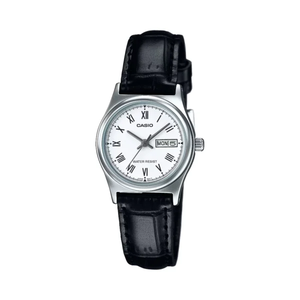 ساعة كاسيو LTP-V006L-7BUDF النسائية بسوار جلد وميناء أبيض مع عرض اليوم والتاريخ | Casio LTP-V006L-7BUDF Women Leather Band White Dial Day-Date Watch