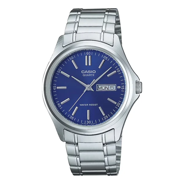 ساعة كاسيو MTP-1239D-2ADF الرجالية الكلاسيكية بميناء أزرق وعرض اليوم والتاريخ | Casio MTP-1239D-2ADF Men Blue Dial Day-Date Stainless Steel Watch
