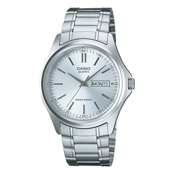 ساعة كاسيو MTP-1239D-7ADF الرجالية الكلاسيكية بميناء أبيض وعرض اليوم والتاريخ | Casio MTP-1239D-7ADF Men White Dial Day-Date Stainless Steel Watch